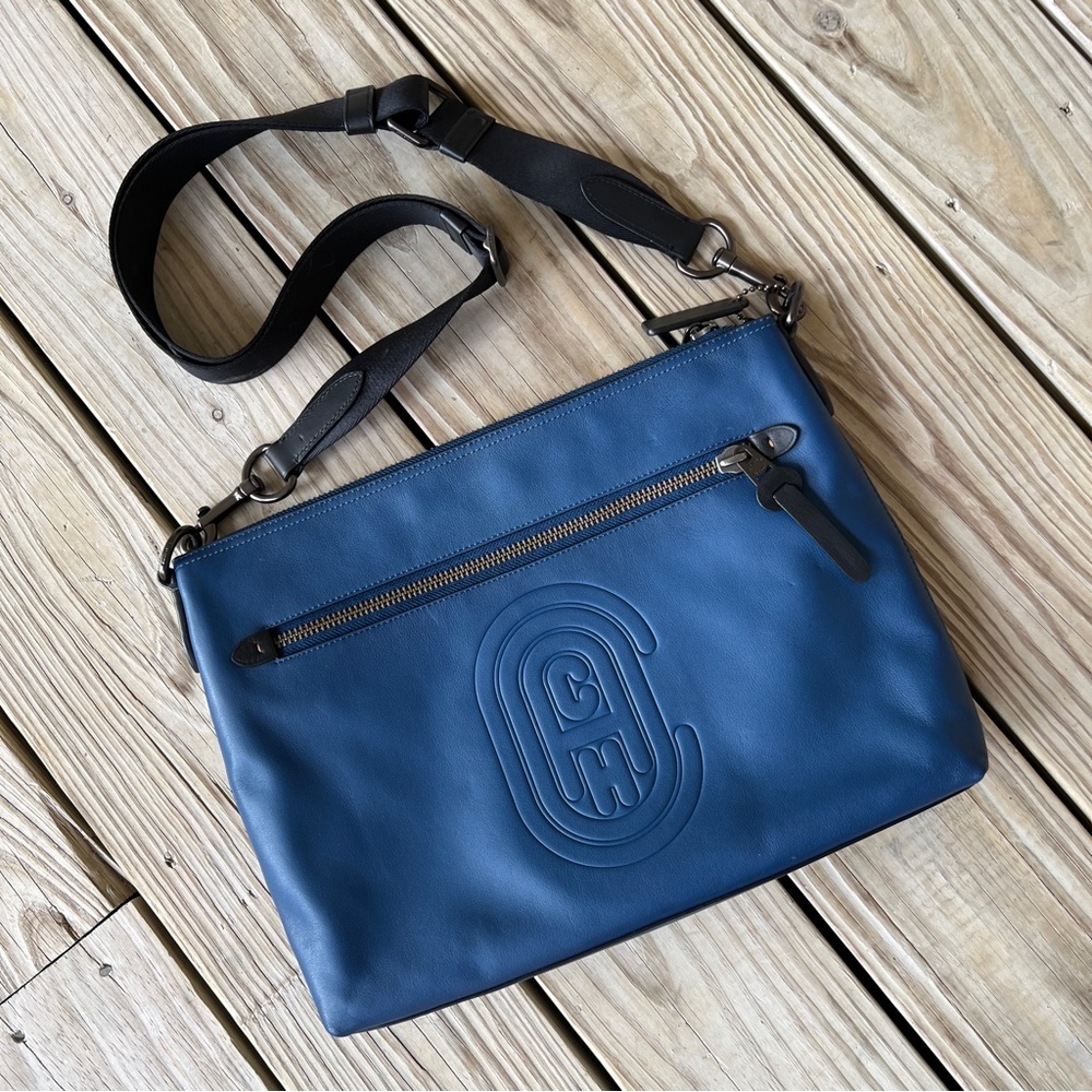 Coach Rivington Messenger With Coach Patch 76146 True Blue leather crossbody bag